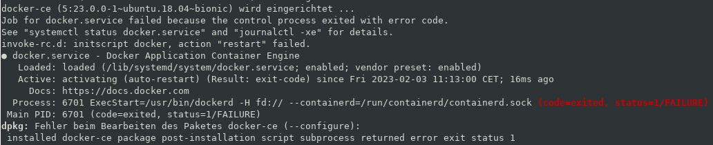 Screenshot Docker Fehlermeldung in der Shell beim Update
